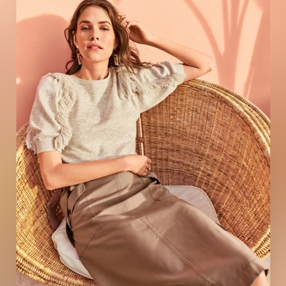 Ann Taylor Beige & Metallic Gold Shimmer Fringe Detail Puff Sleeve Sweater - Picture 2 of 16